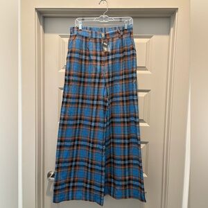 Dressed in LALA Rebel Road Plaid Wide Leg Trousers in Blue + Brown